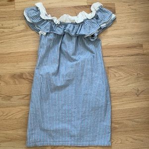 Summer mini dress cotton open shoulders, s/xs blue